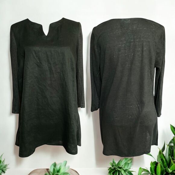 J.Jill Love Linen Dark Green Knit Mixed Media A-Line Slits  Linen Tunic Size M - Picture 1 of 11